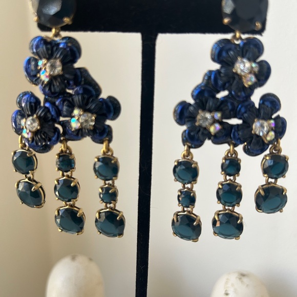 J.Crew Navy Blue Large Dangle Statement Earrings Crystal Rhinestones - Picture 9 of 14